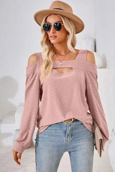 Cutout Square Neck Cold Shoulder T-Shirt Light Mauve Women's T-Shirts - Tophatter Daily Deals